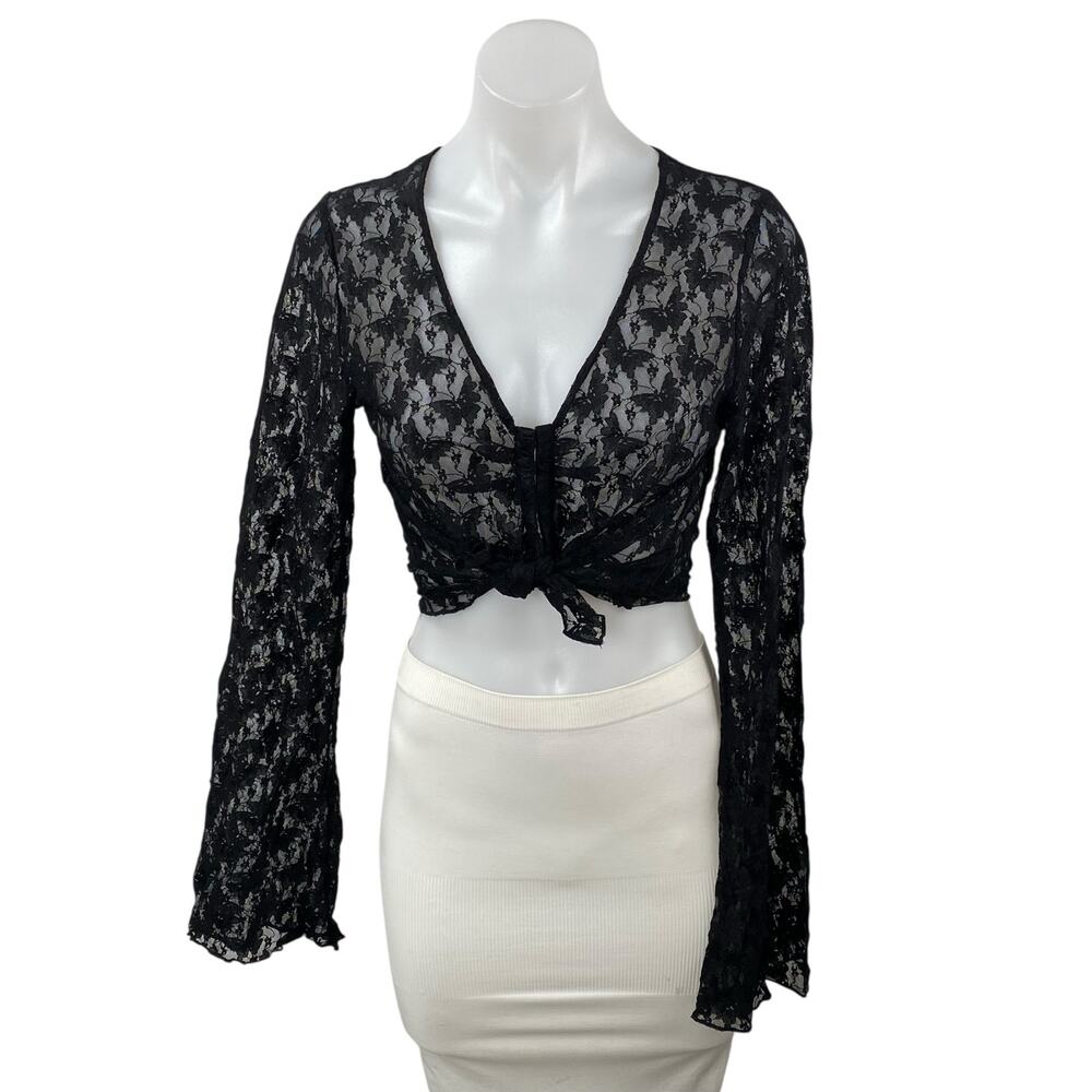 H&M Women's Black Butterfly Floral Lace Mesh Sheer Long Sleeve Crop Top Size M